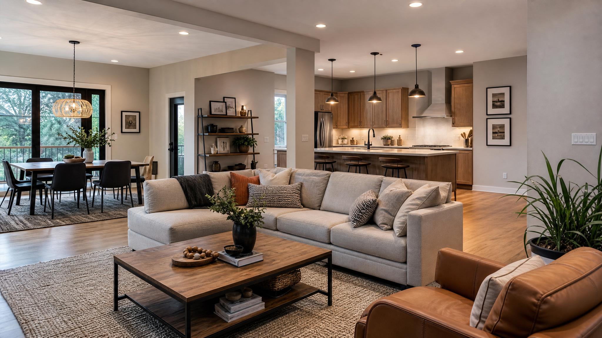 Stylish after photo of a modern open-plan living room showcasing defined spaces.