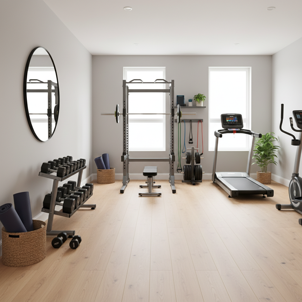 A well-organized and decluttered home gym showcasing various fitness equipment.