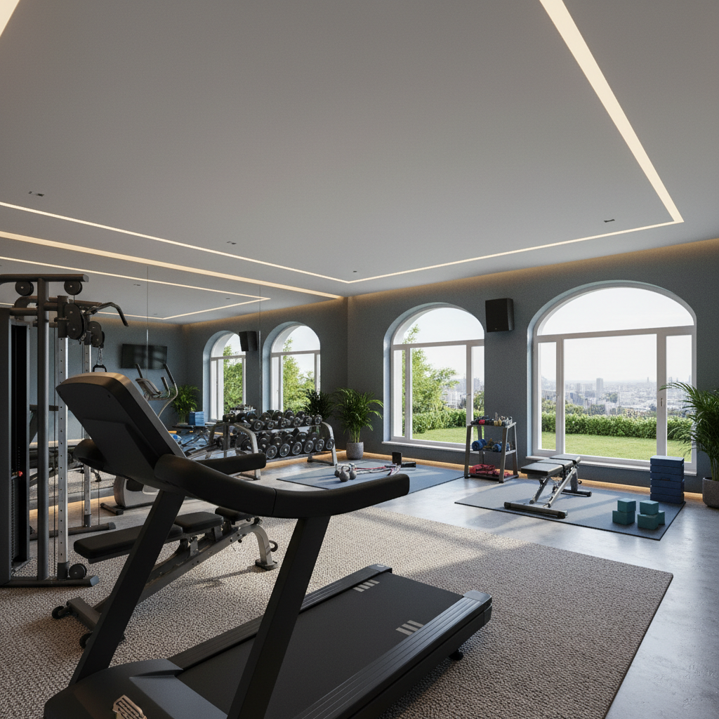 A wide-angle shot of a spacious home gym taken from an interesting angle.