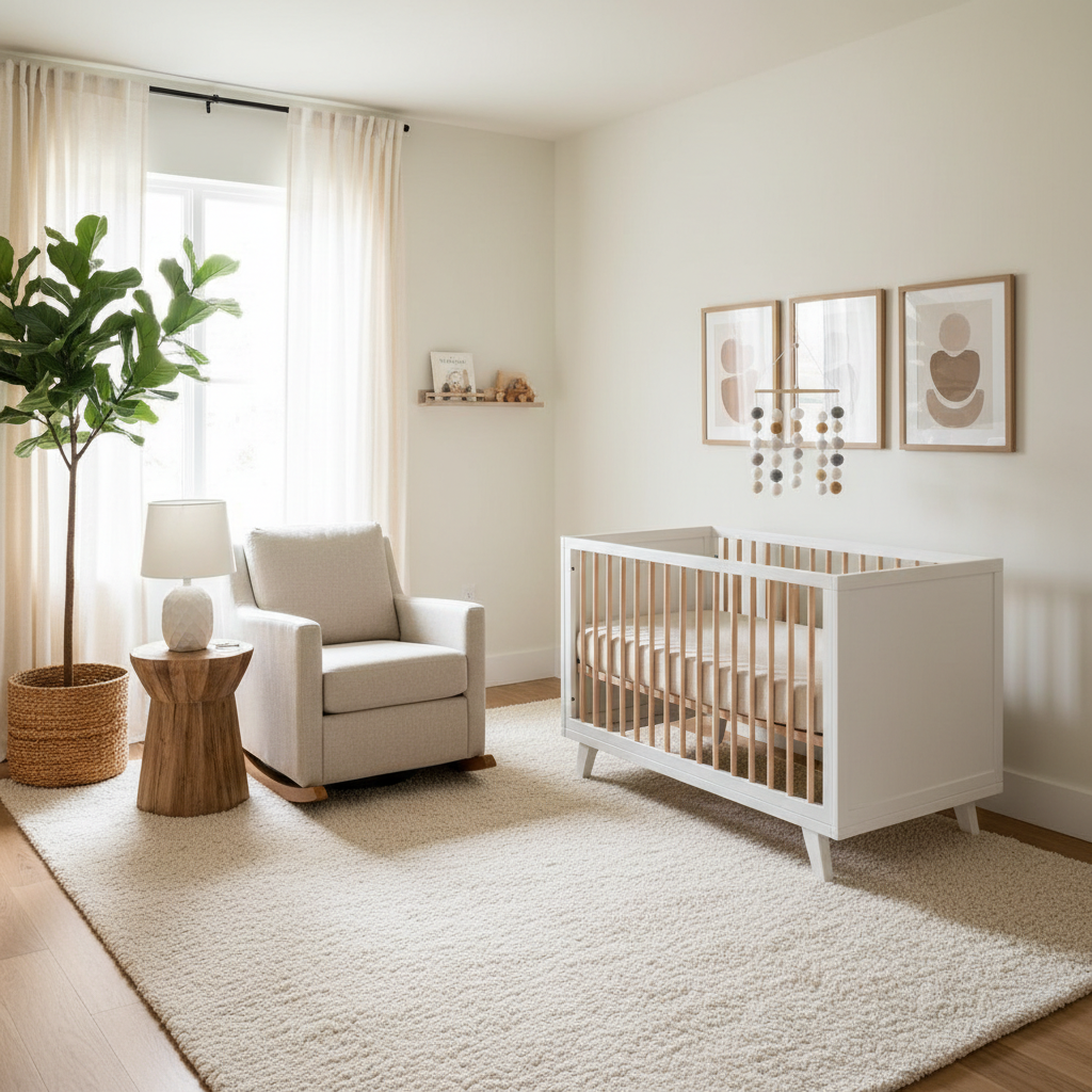 A beautifully designed minimalist nursery featuring soft neutral colors, natural textures, and warm lighting.