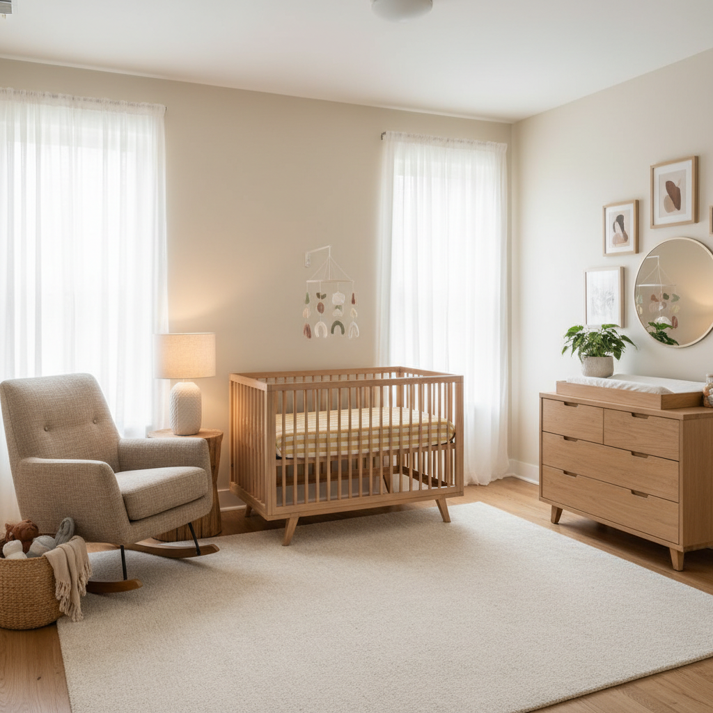 An AI-generated image showcasing a warm minimalist nursery layout with highlighted furniture and color choices.
