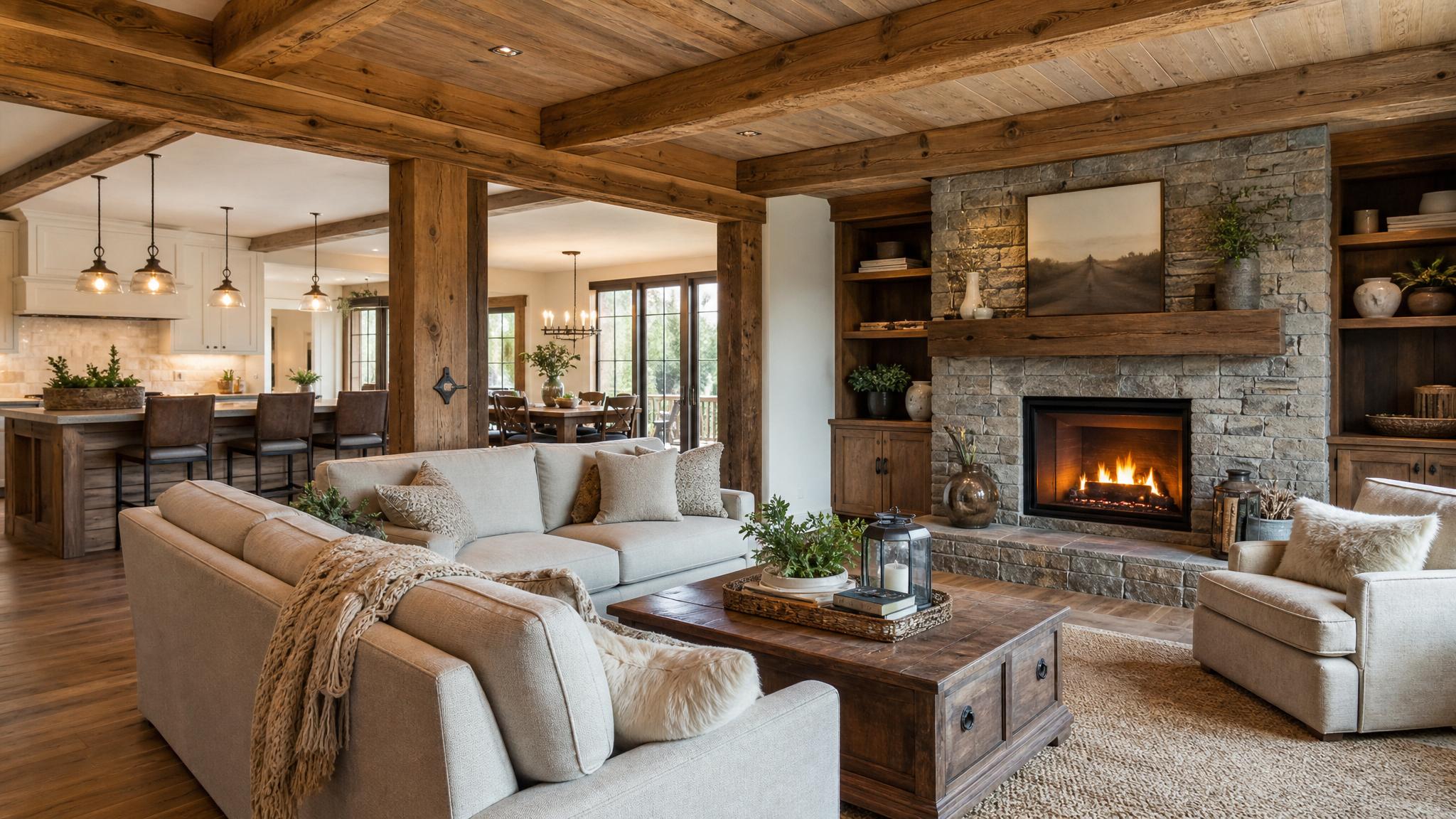 Show a cozy rustic open-plan living room with wood accents.