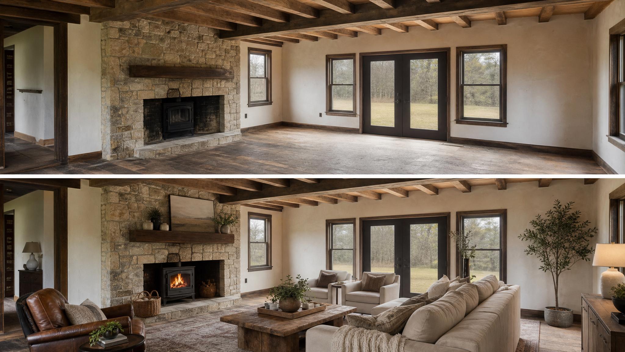Display a before-and-after image of a virtual staged rustic living room.