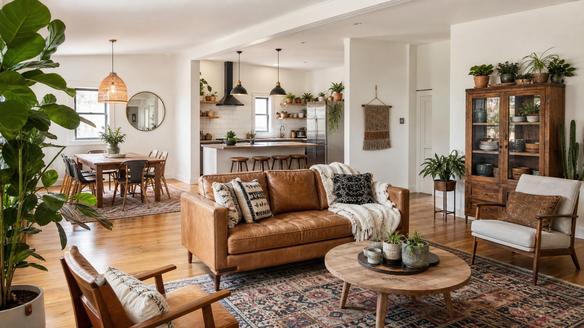 A beautifully staged bohemian open-plan living room featuring eclectic decor.