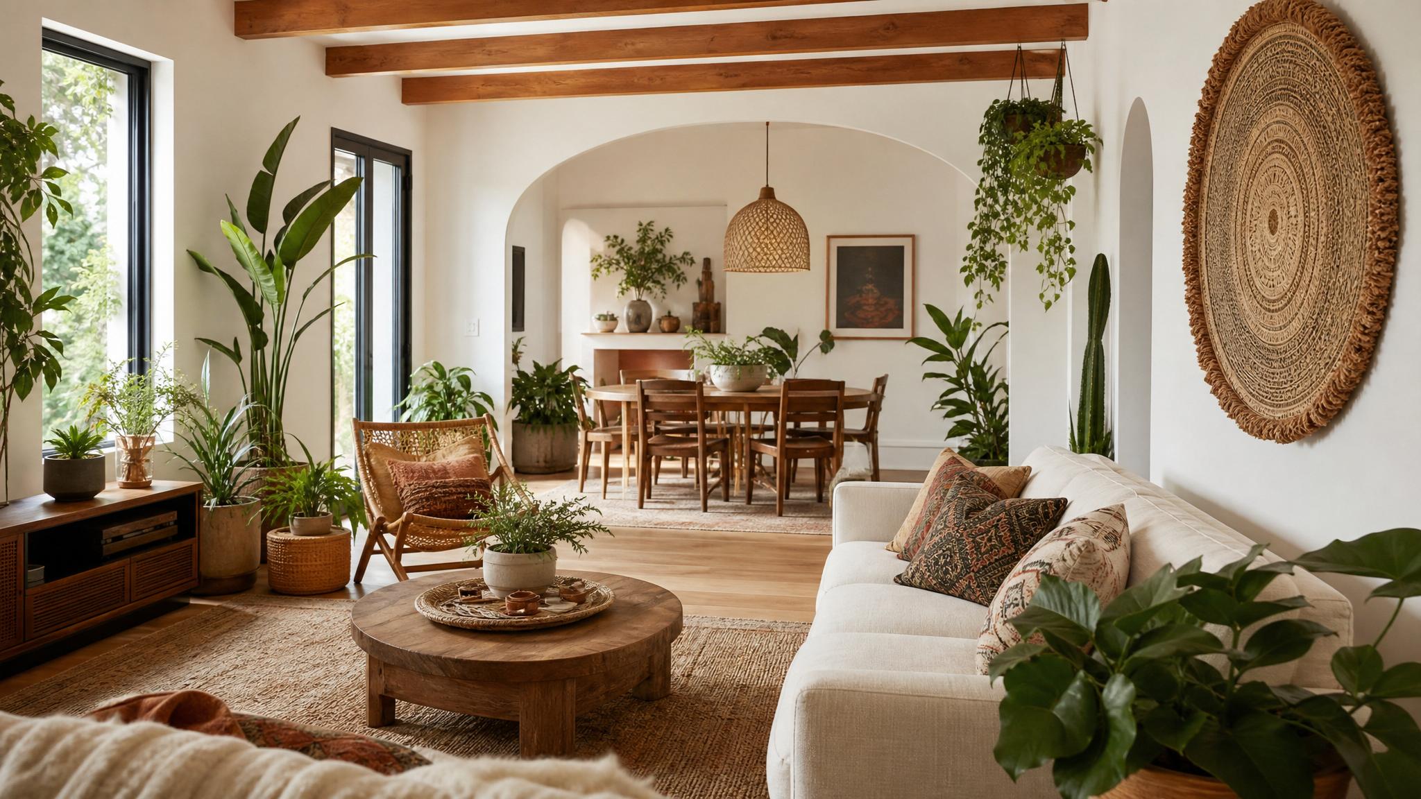 A bohemian-style open-plan living room filled with plants and natural materials.