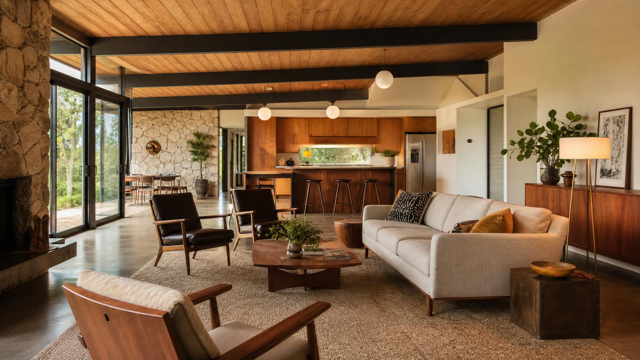 Example of a mid-century modern open-plan living room interior design
