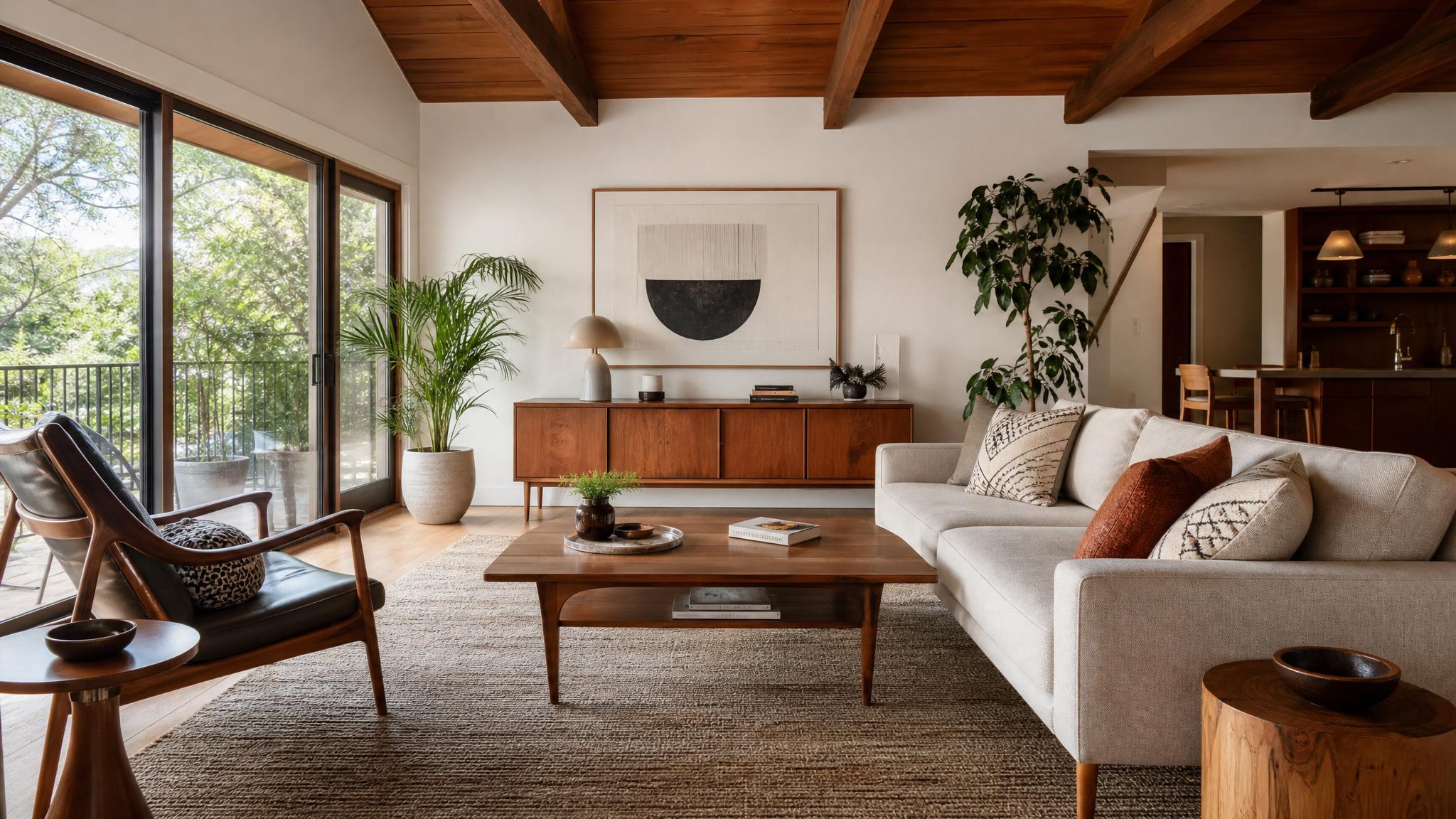Mid-century modern furniture and accessories in a living room