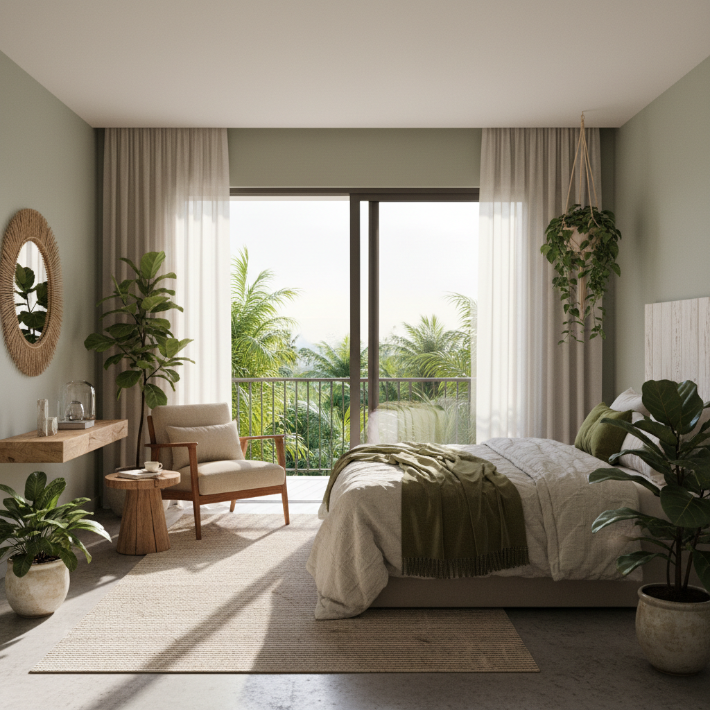 A serene master bedroom incorporating biophilic elements such as plants and natural light.
