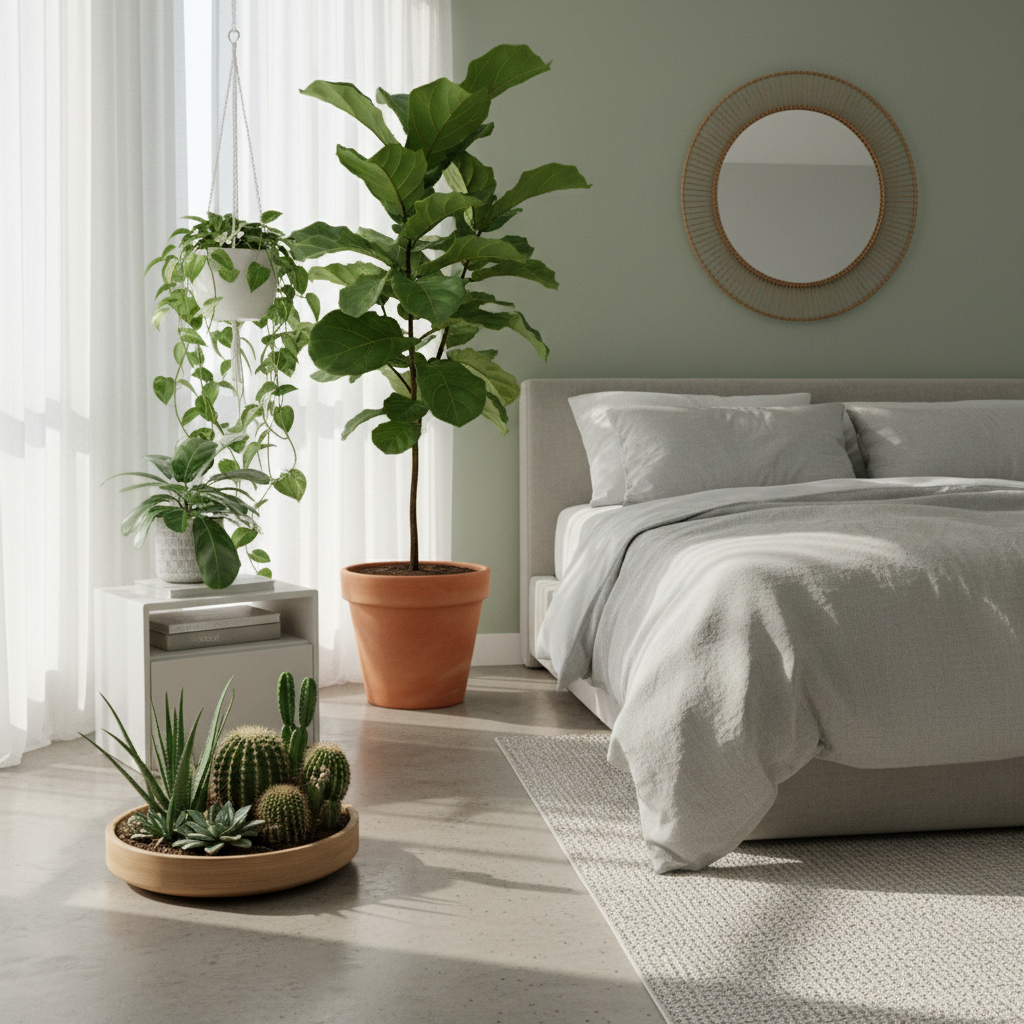 Close-up of indoor plants placed in a well-lit master bedroom.