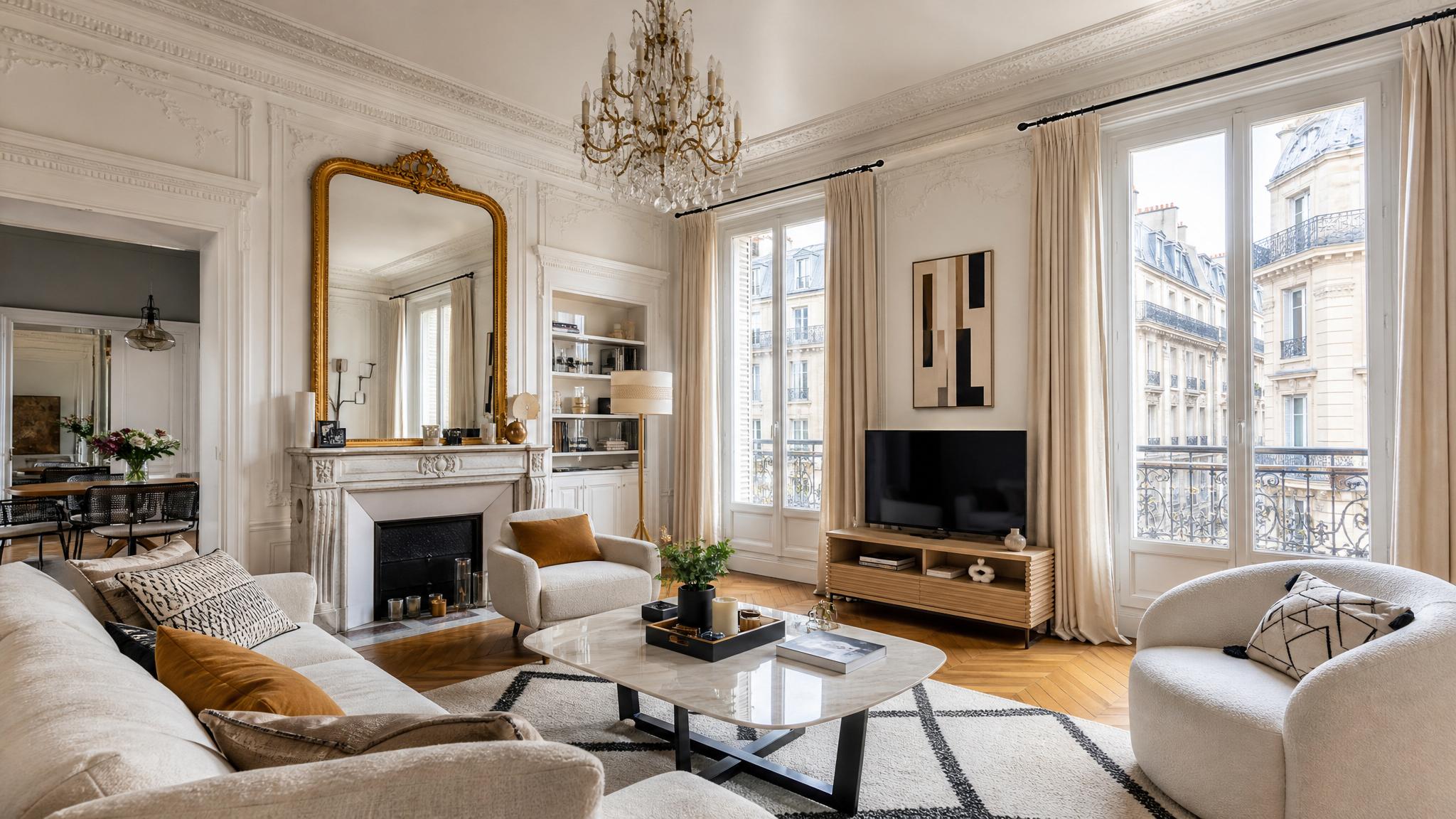 Stunning Parisian living room with high ceilings and decorative moldings.