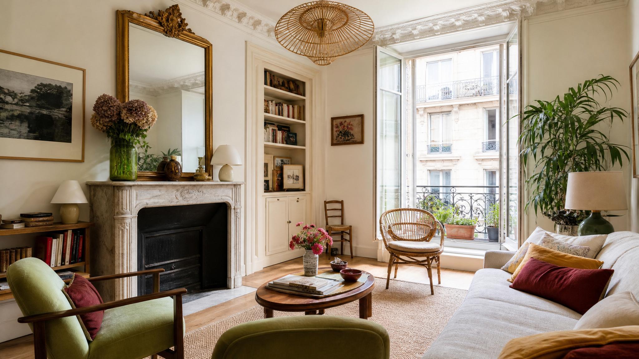 Charming vintage Parisian living room with colorful accents.