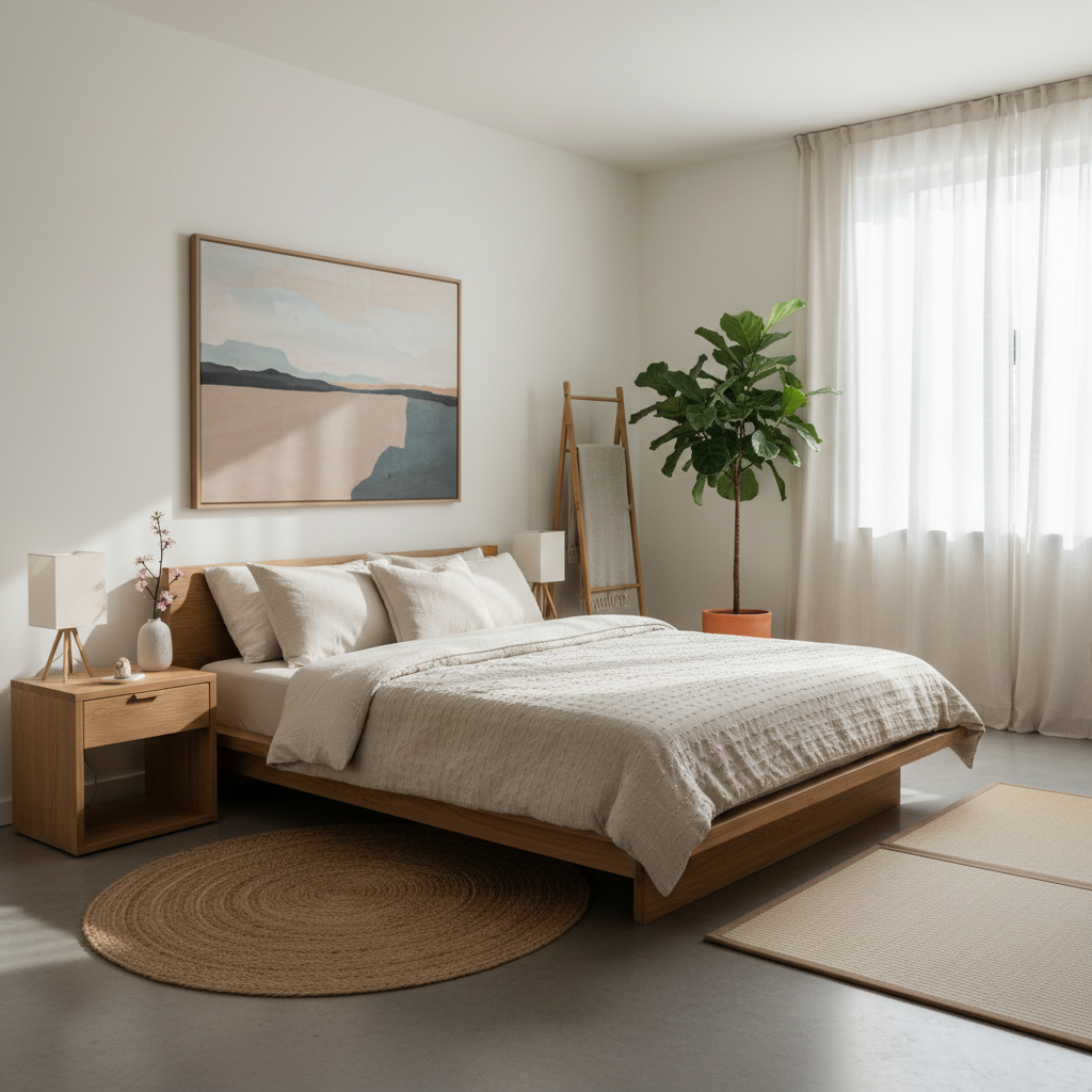 A serene Japandi guest bedroom showcasing minimalist furniture and natural light.