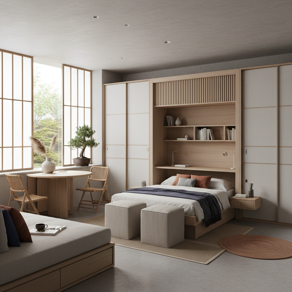 Innovative space-saving furniture for a Japandi guest bedroom.