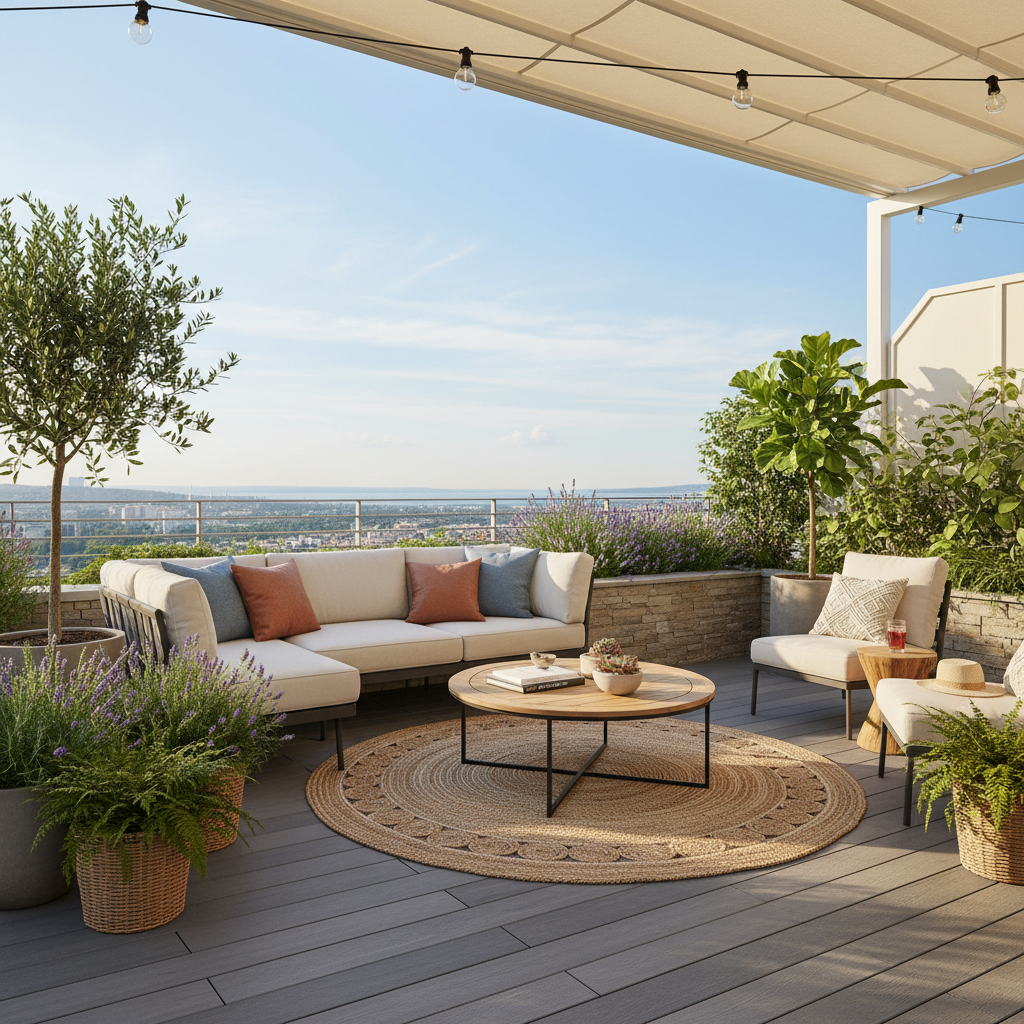 A beautifully staged terrace with plants and furniture