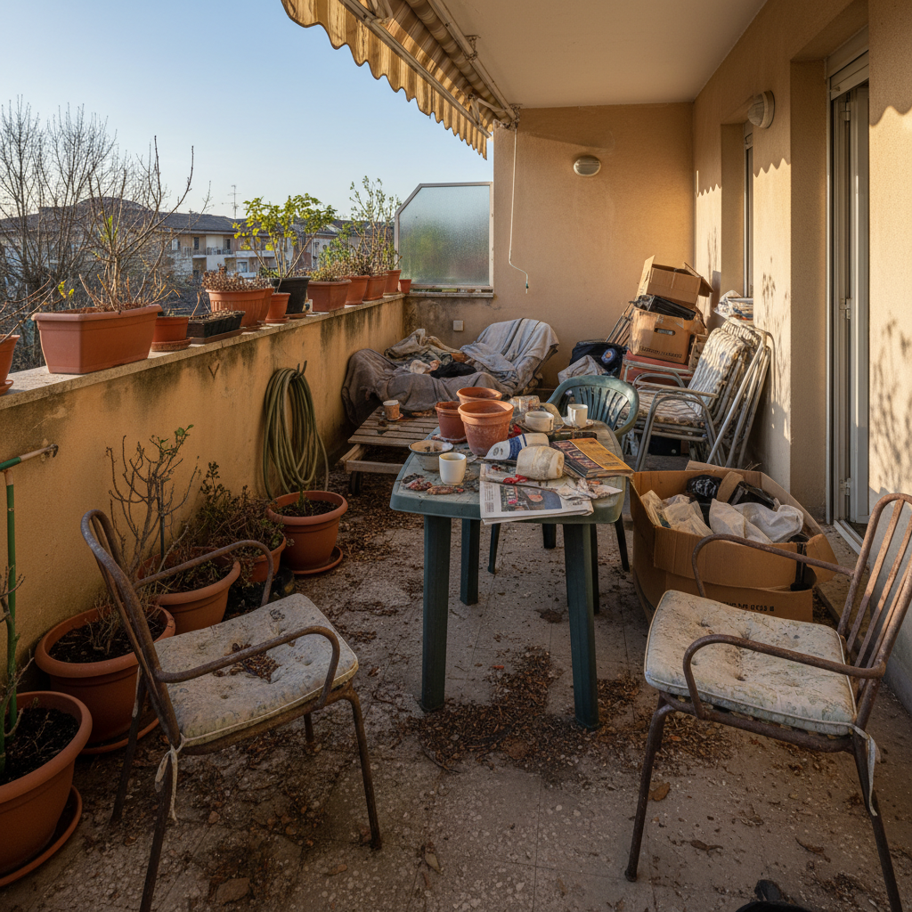 Before-and-after photos of a cluttered versus tidy terrace
