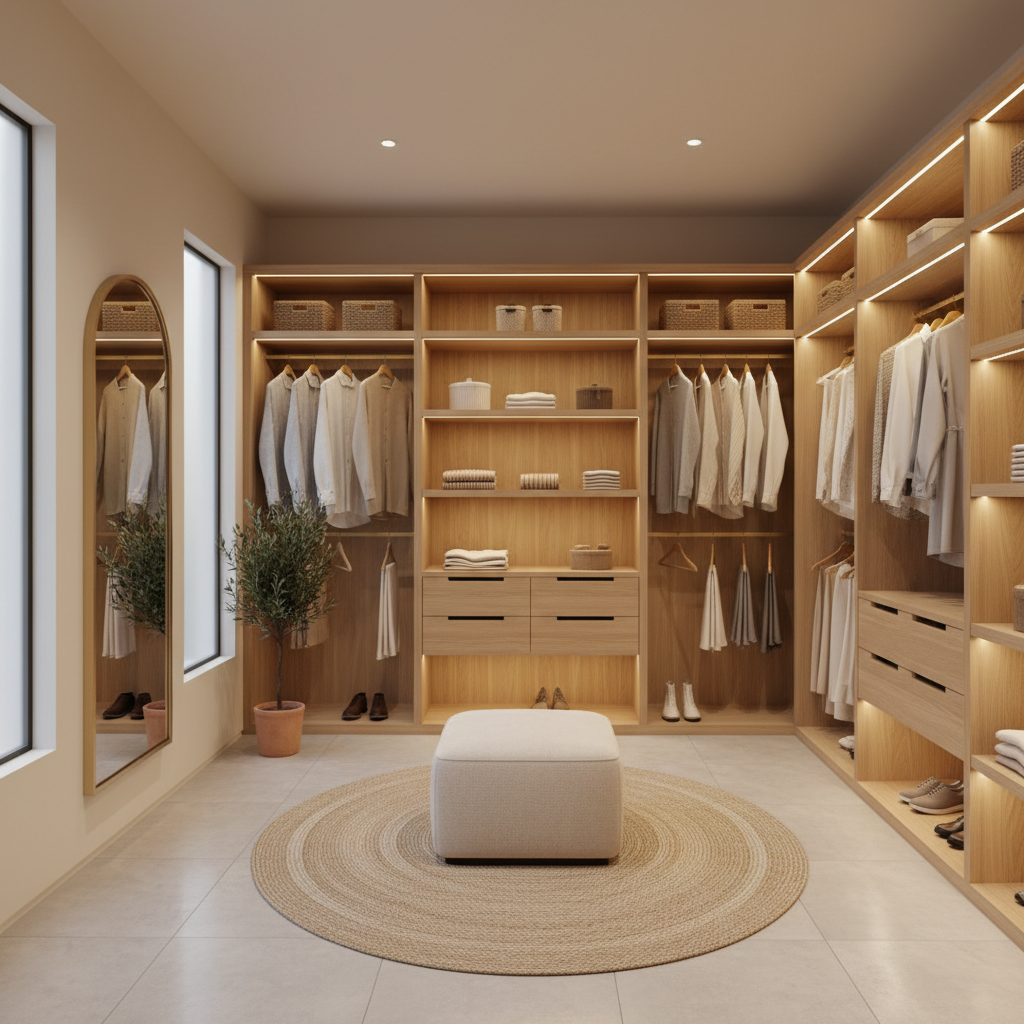 A cozy and inviting warm minimalism walk-in closet design with neutral tones.