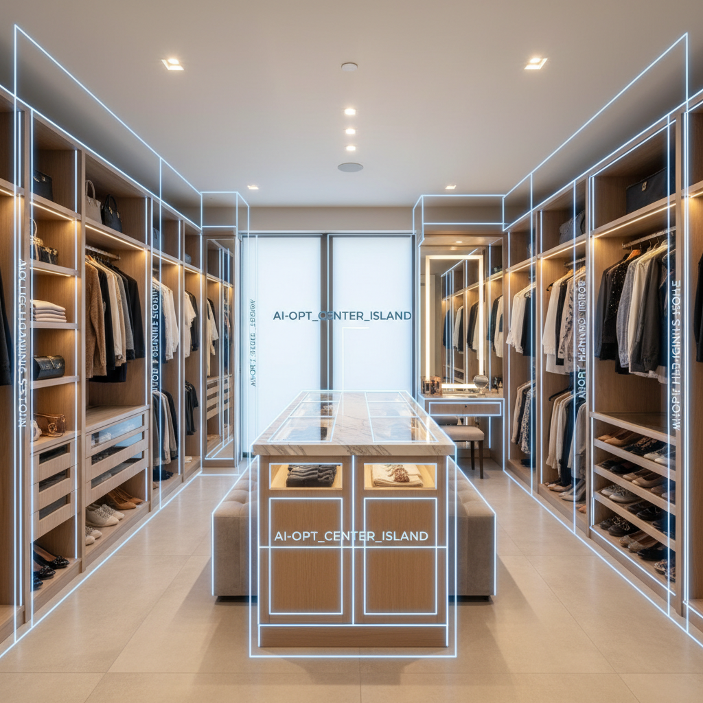 A visual breakdown of a walk-in closet layout enhanced by AI design prompts.
