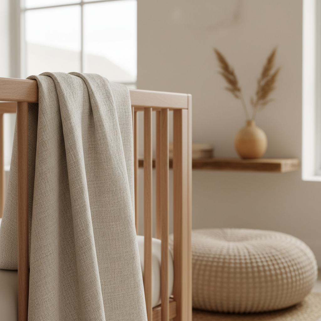 Close-up of natural wood textures and soft fabric elements commonly used in Japandi nurseries.