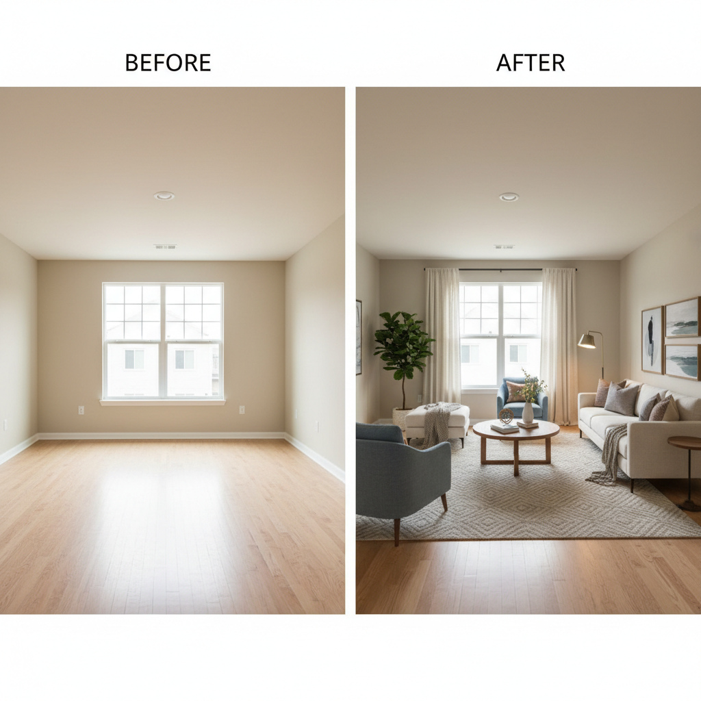Before and after of a virtually staged living room