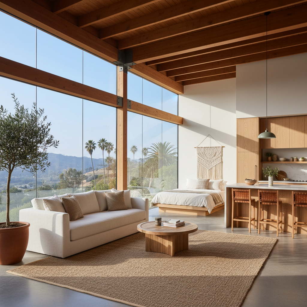 Image of a bright, airy California modern studio featuring large windows, open layout and natural materials.