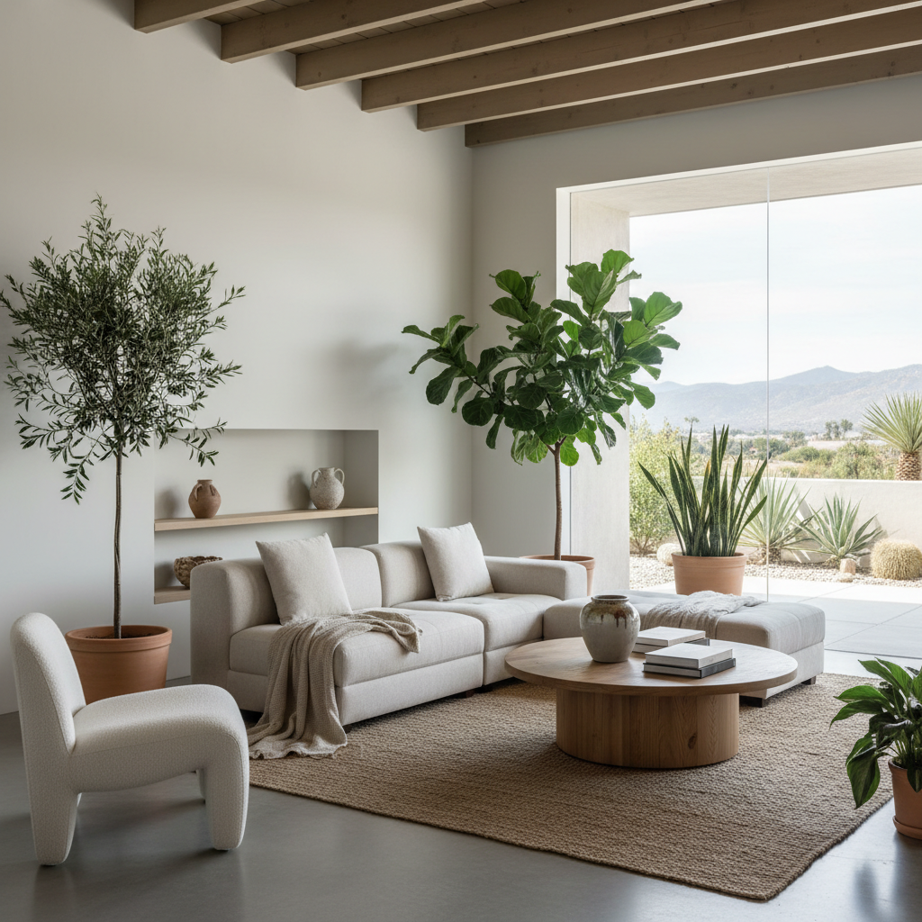 Image of a minimalistic furniture layout with neutral colors and plants in a California modern studio.