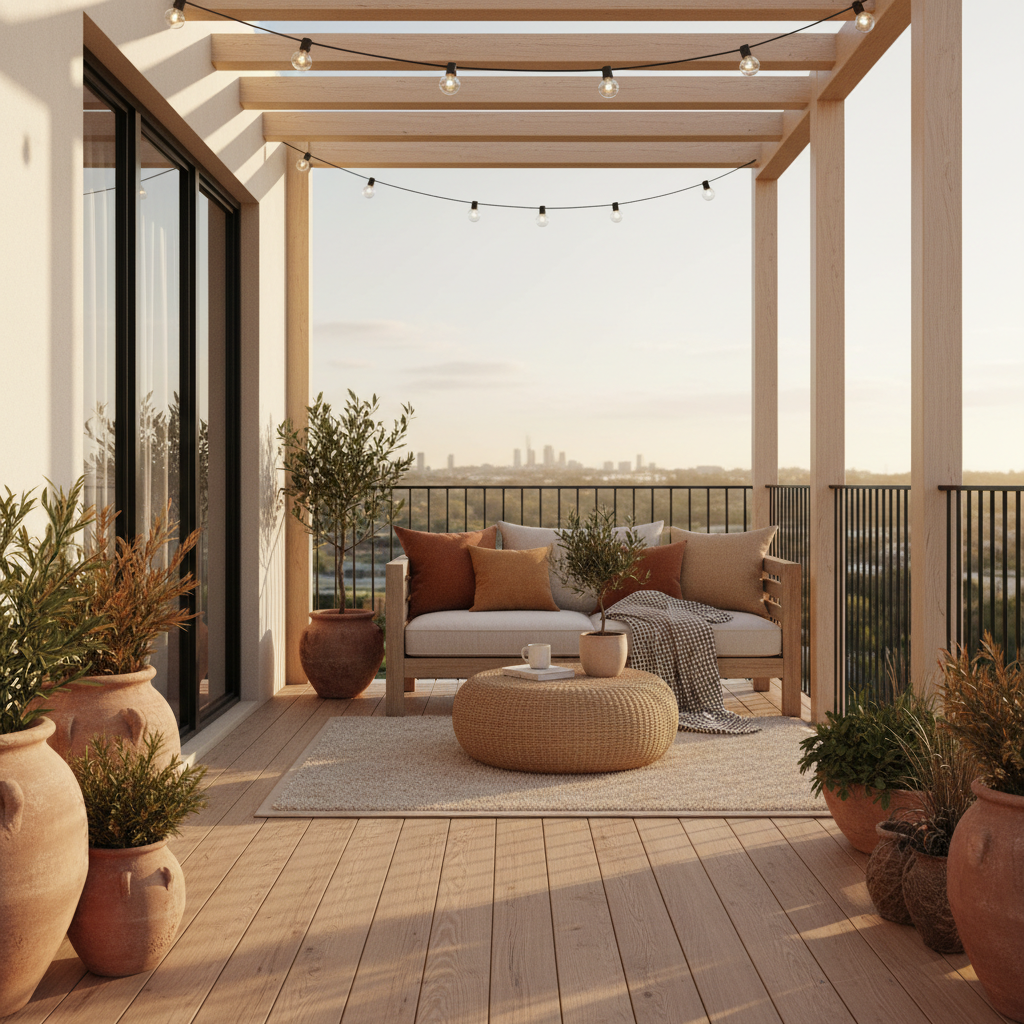 Image of a warm minimalism balcony design, showcasing clean lines with warm colors and inviting textures.