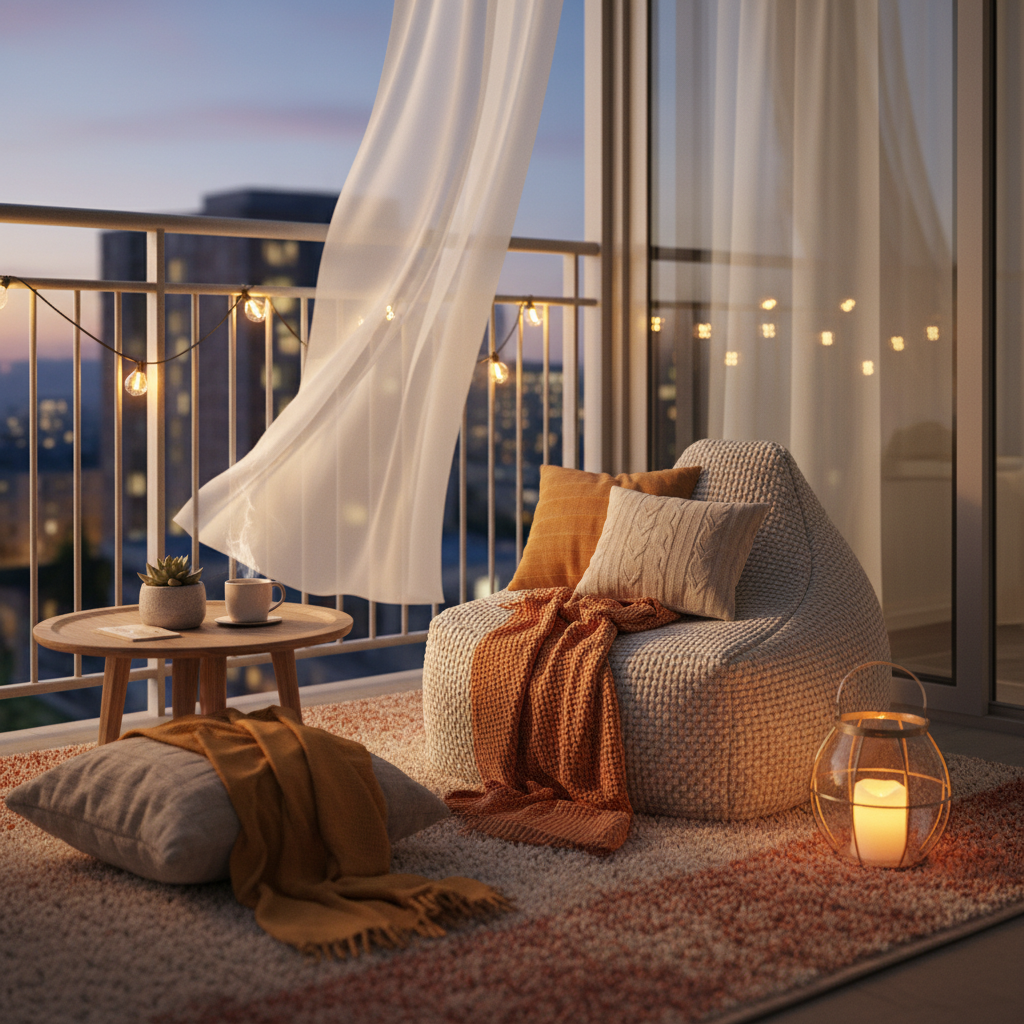 Image of warm textiles and soft lighting on a balcony, showcasing cozy minimalism.