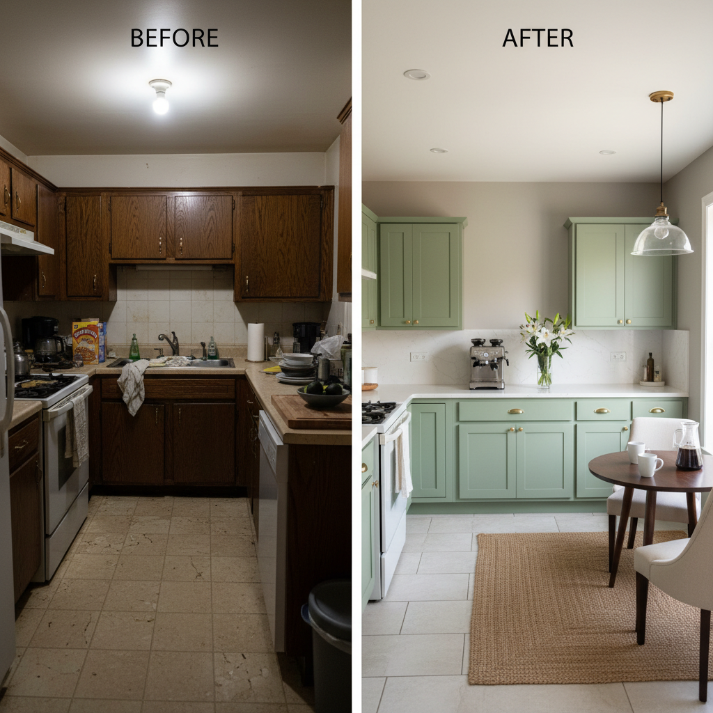 Before and after kitchen photo showcasing the impact of good staging