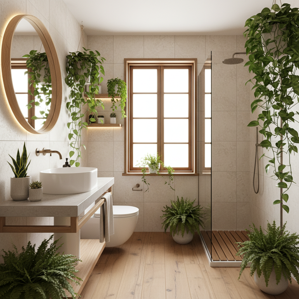 A small bathroom with biophilic design elements such as plants, natural light, and wood finishes.