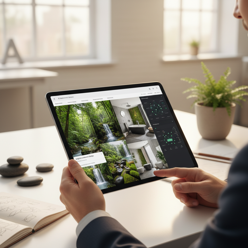 A step-by-step visual flow of creating a biophilic bathroom design using AI.
