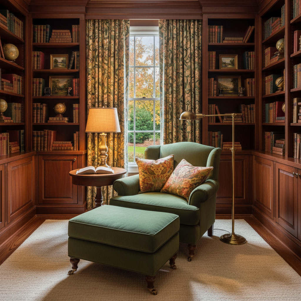 A beautifully designed traditional reading nook featuring plush seating, bookshelves, and warm lighting.