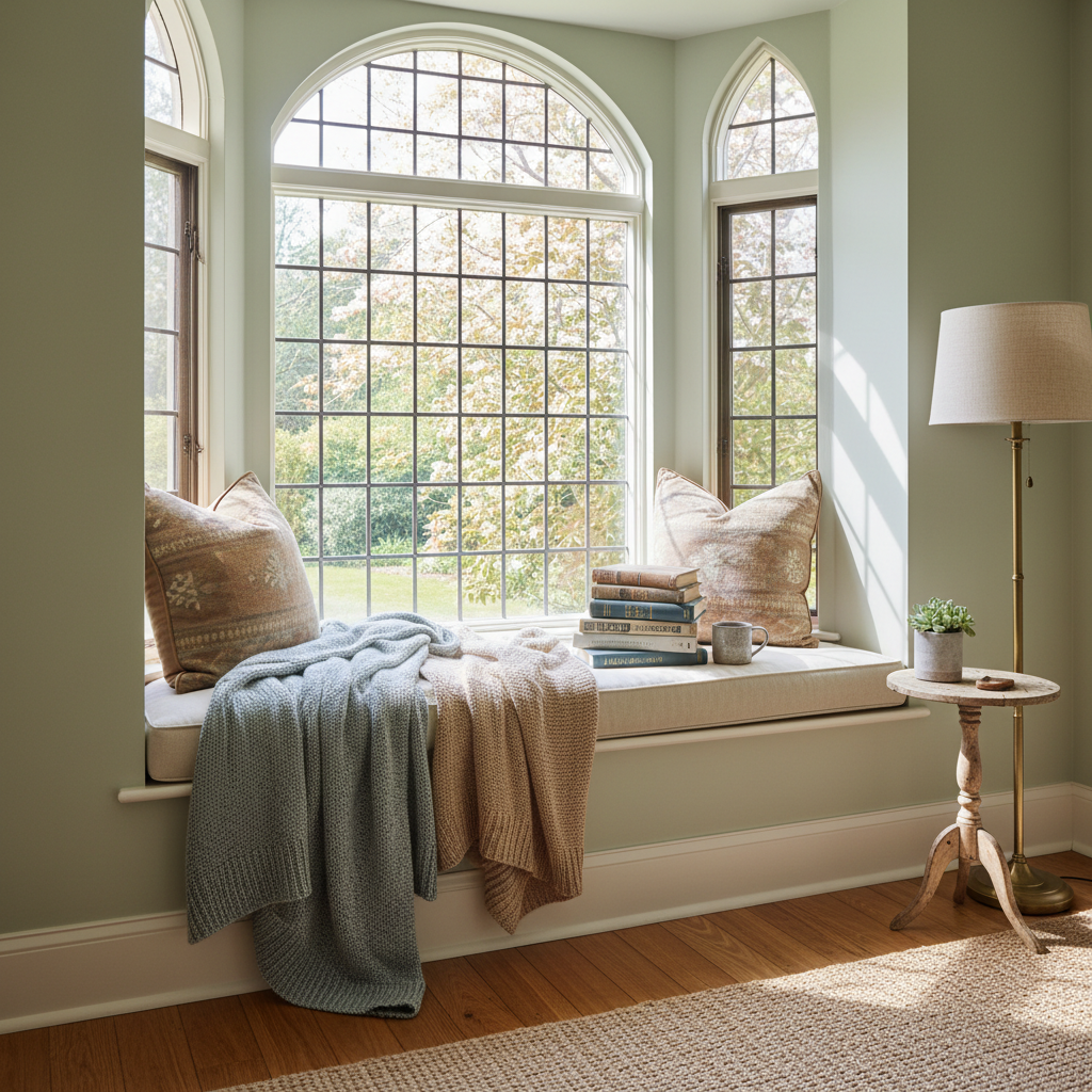 A cozy corner with a window seat, soft lighting, and a stack of classic novels.