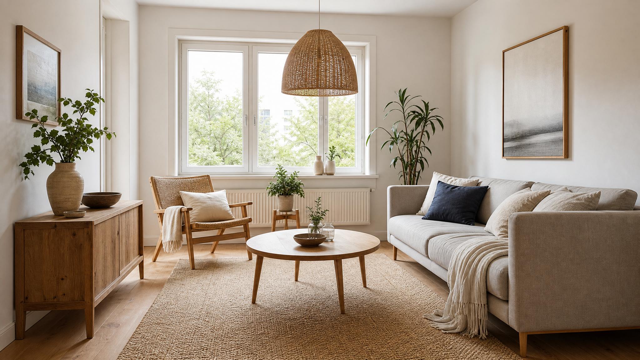 A beautifully arranged Nordic-style small living room showcasing natural textures and minimal decor.