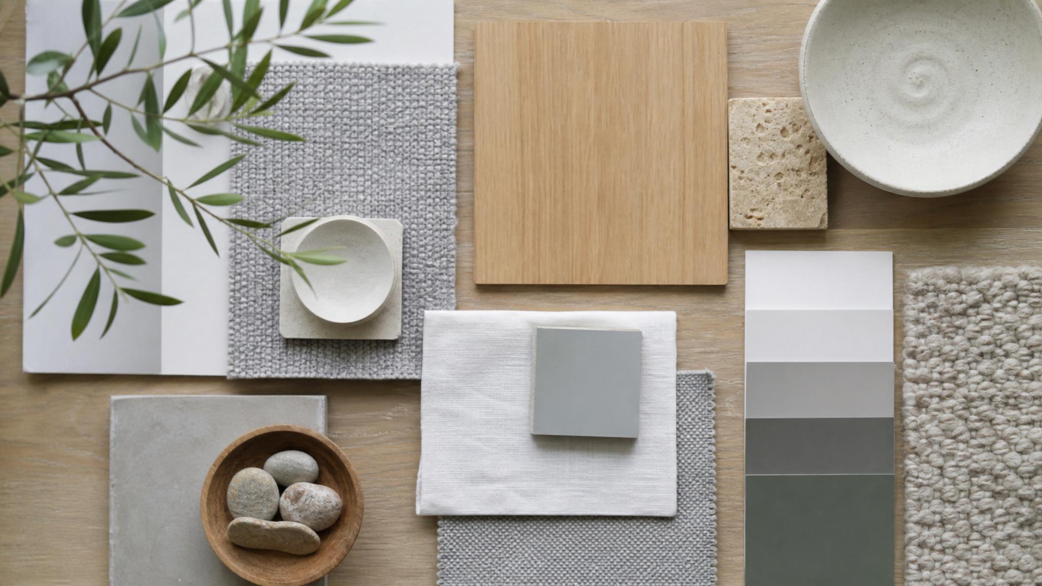 A color palette inspiration board featuring Nordic design colors like whites, grays, and earthy tones.