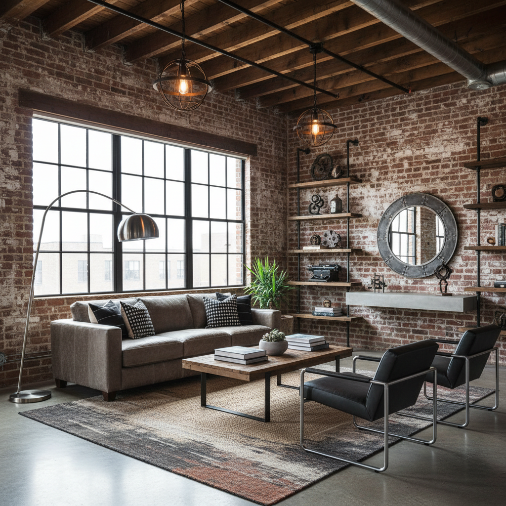 Industrial living room setup with exposed brick walls and metal accents.