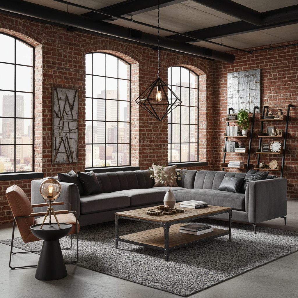 AI-generated image of an industrial living room with specific design elements.