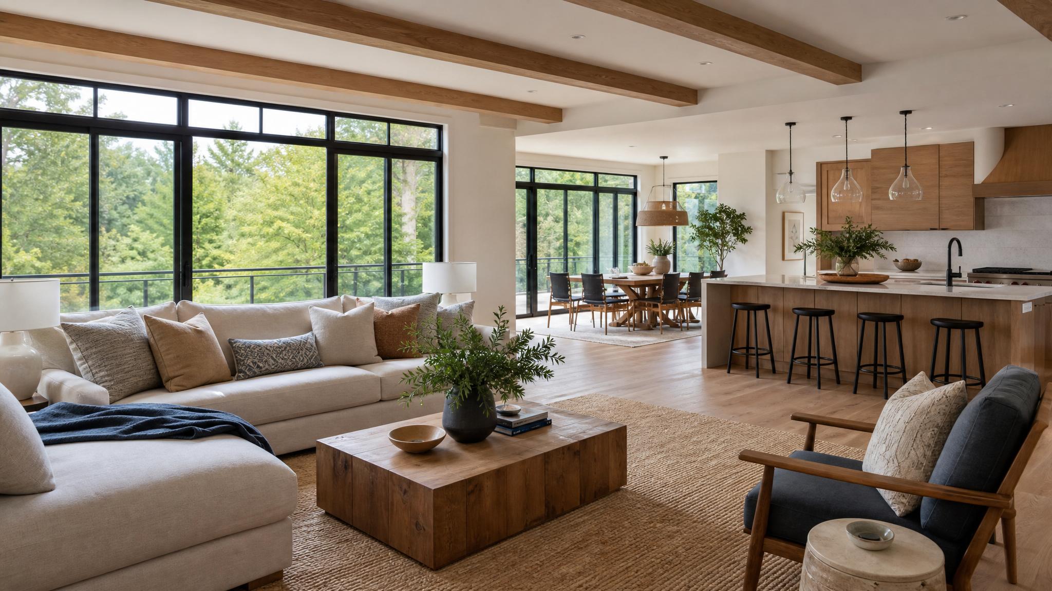 A bright, open-plan living room full of natural light