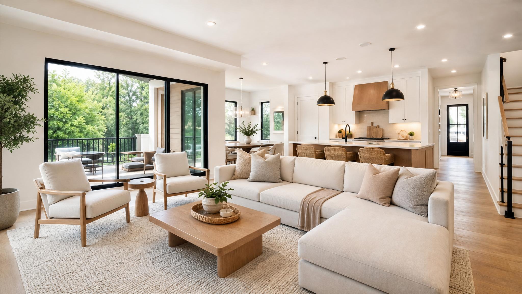 Stylish, light-colored furniture in an open-plan living room