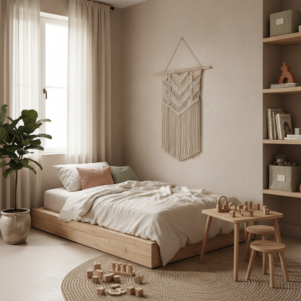 A serene wabi-sabi kids bedroom showcasing natural materials and soft colors.