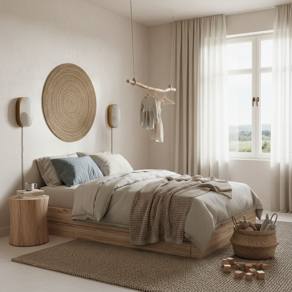 Natural materials and fabrics used in wabi-sabi kids bedroom decor.