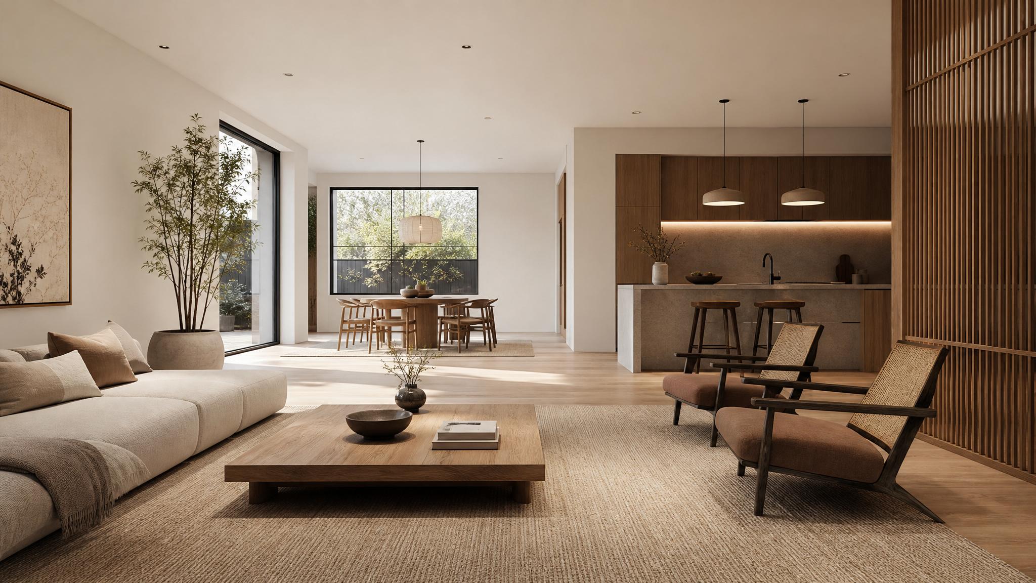 Illustration of a Japandi open-plan living room with minimalistic furniture and warm tones.