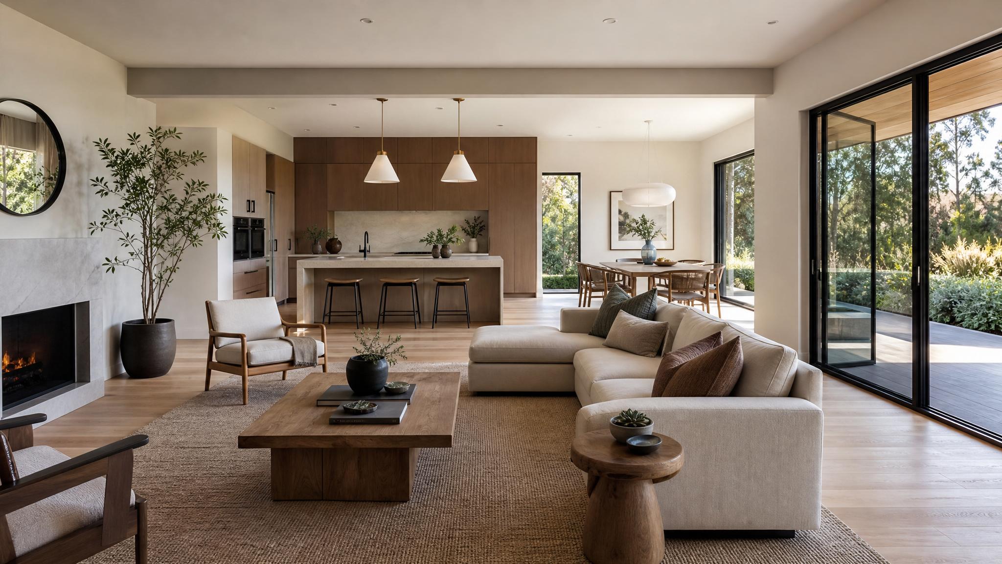 Example of an open-plan living room with area rugs and strategically placed furniture in a Japandi style.