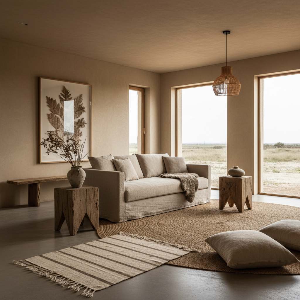 Minimalist furniture in a Wabi-Sabi living room, featuring natural materials.