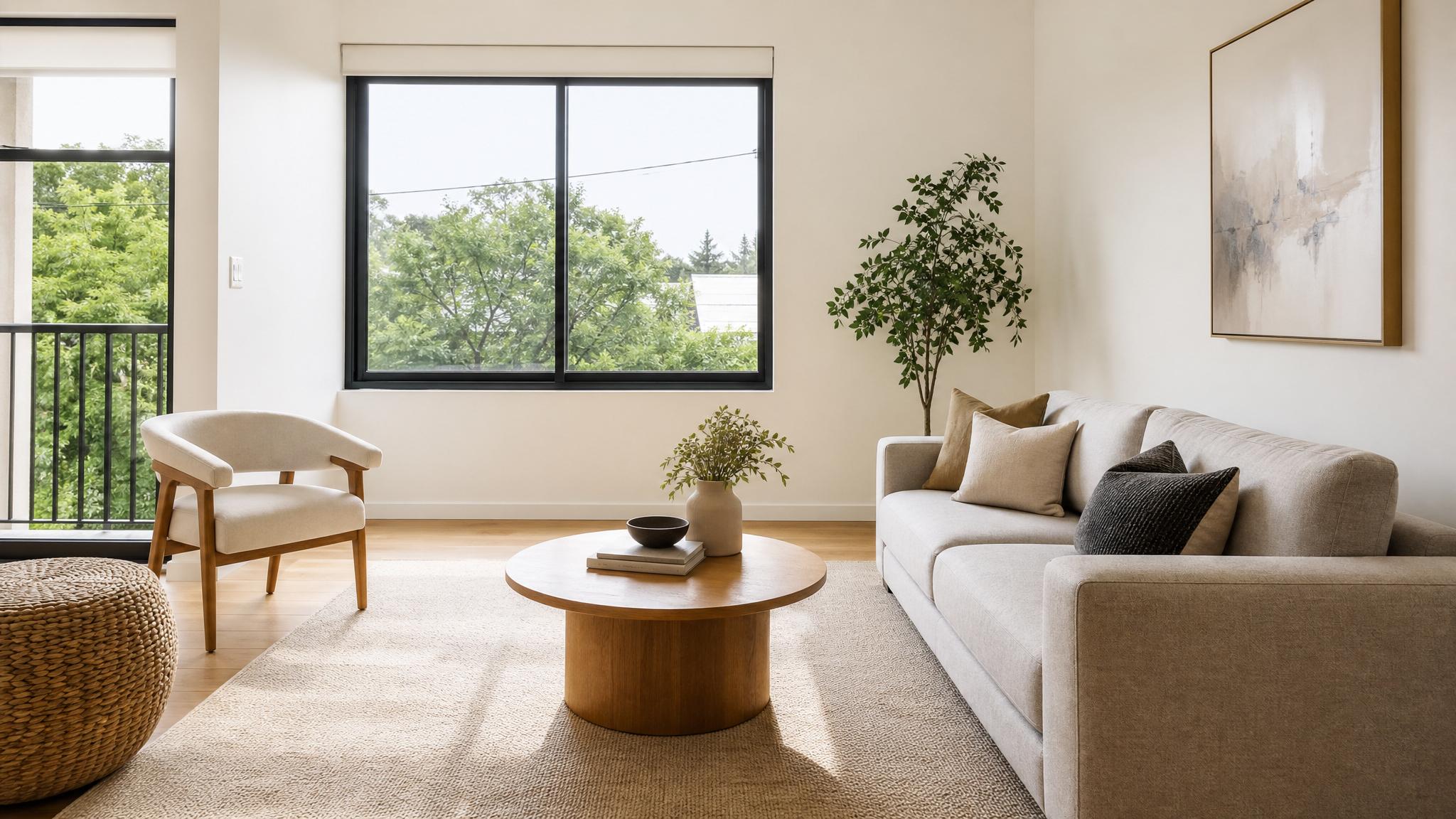 Example of a small living room beautifully staged with minimal furniture.
