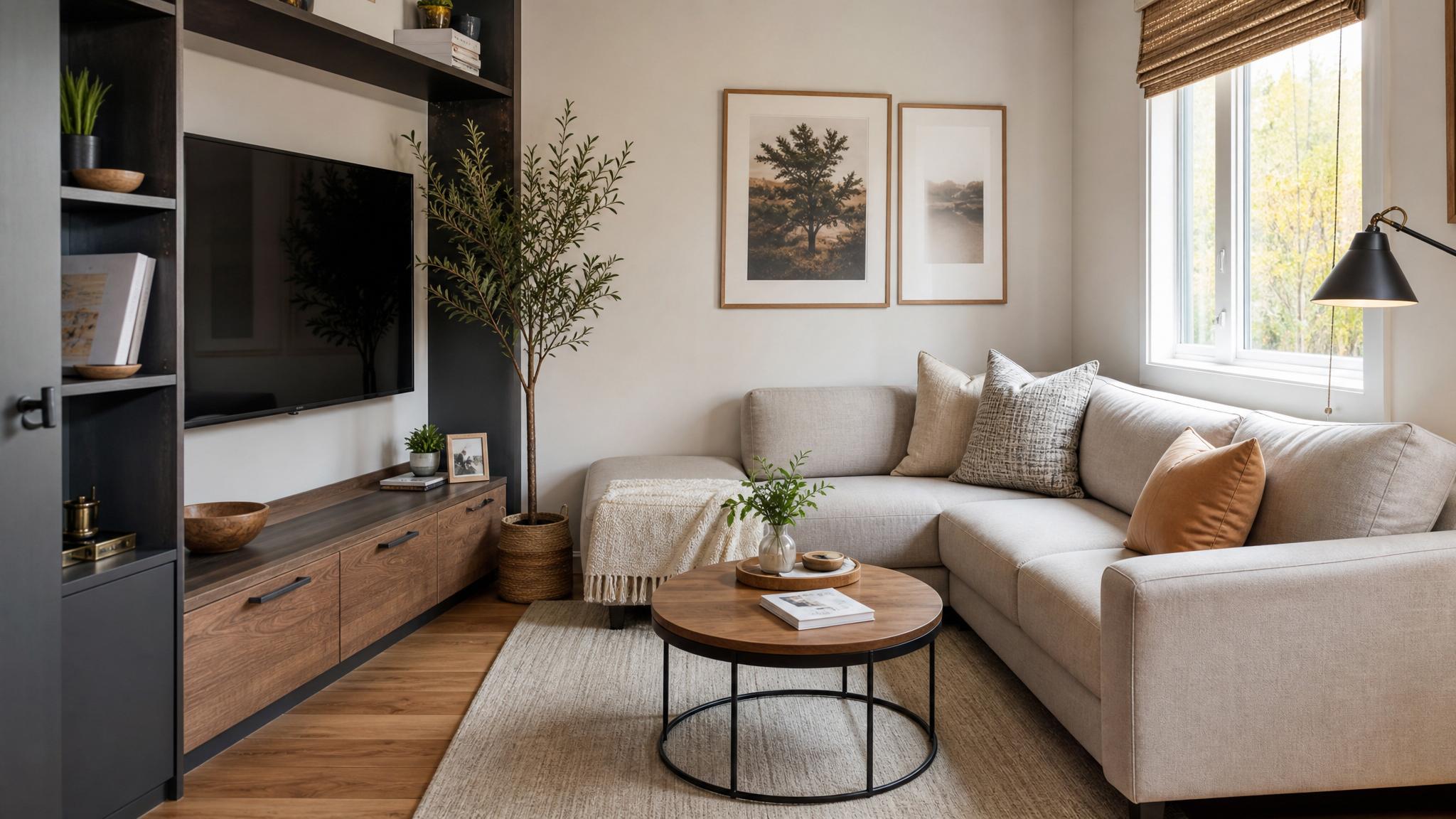 A well-staged corner of a small living room showcasing maximum functionality.