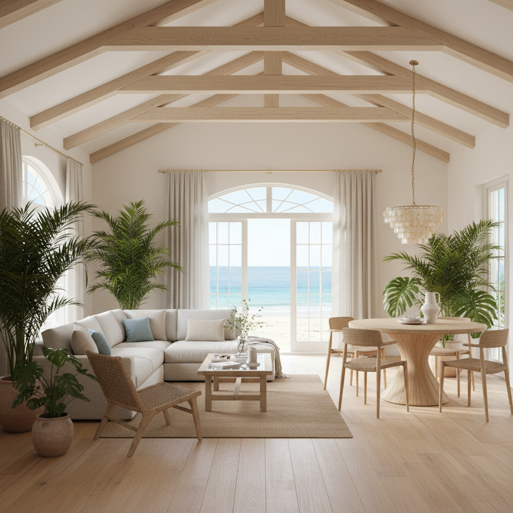 Coastal loft interior design image showcasing light colors and natural materials