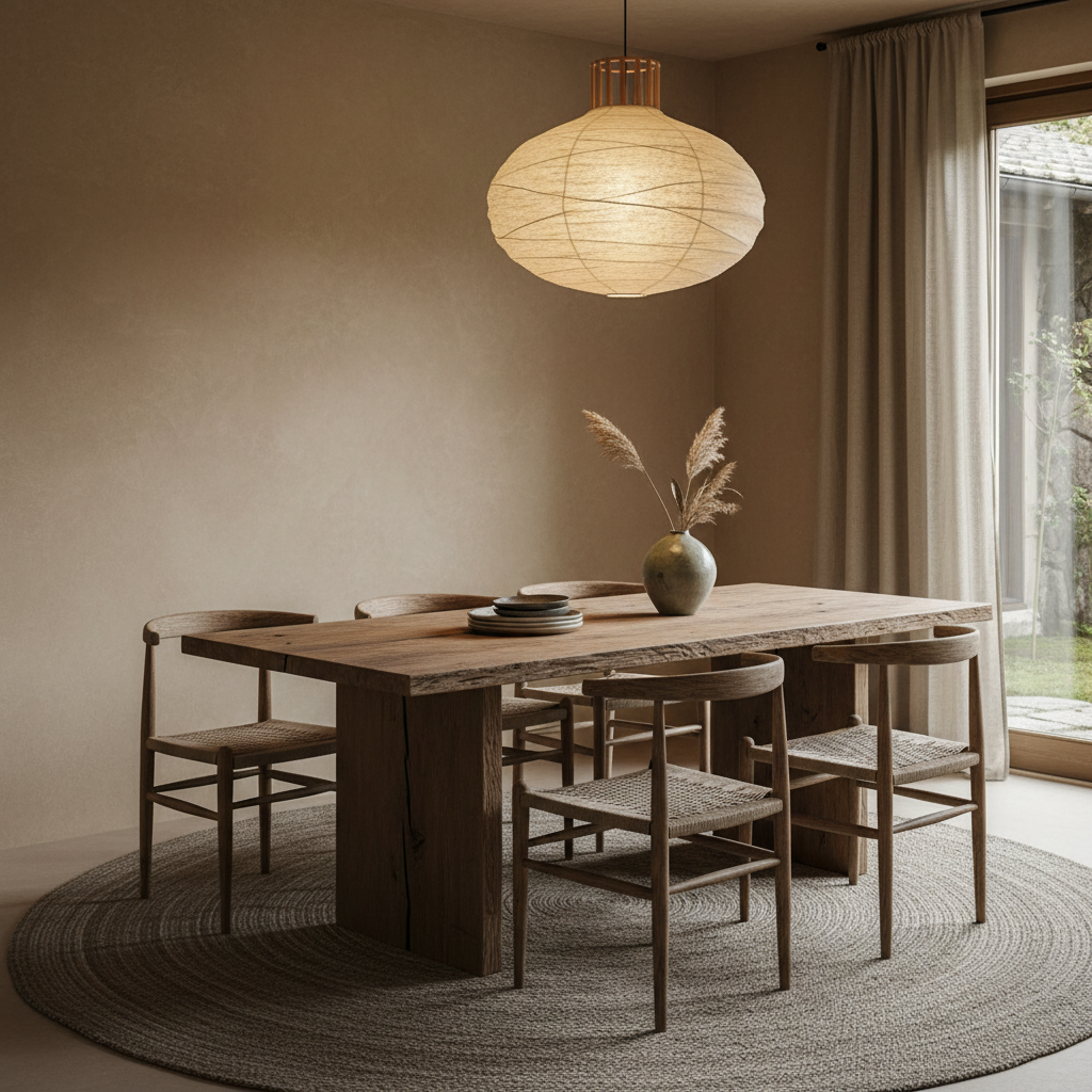 A serene dining room showcasing wabi-sabi principles, featuring natural materials and muted colors.