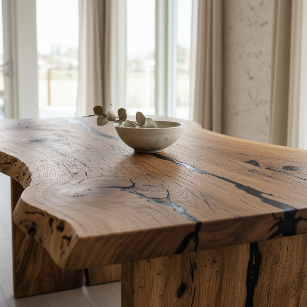 A close-up of a hand-carved wooden dining table that embodies wabi-sabi aesthetics.