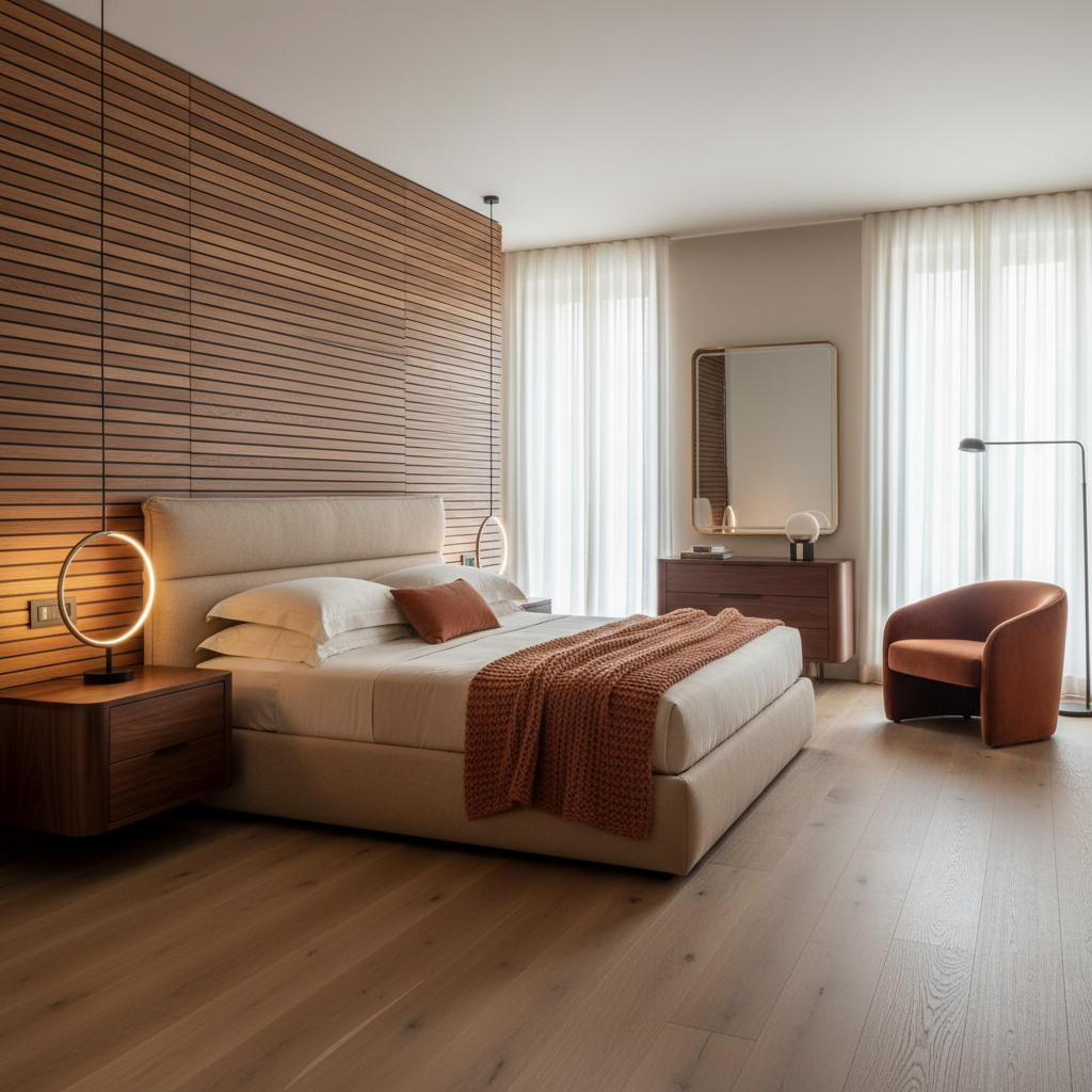 Elegant Italian modern bedroom showcasing sleek lines and warm colors