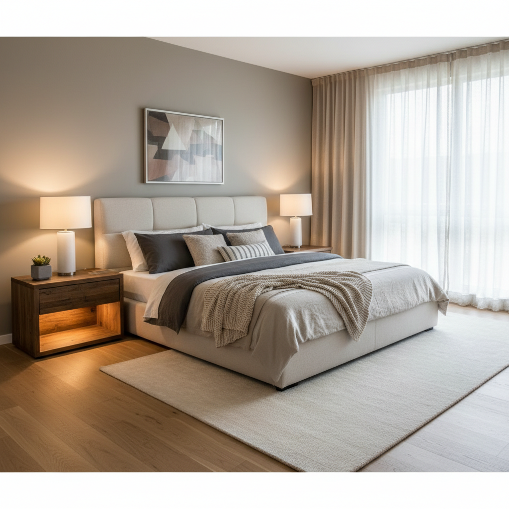 Stylish low-profile bed with sleek nightstands in a neutral palette